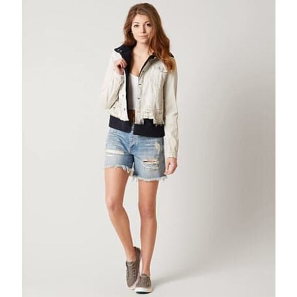 Free People Double Weave Pure Cotton Hooded Denim Jacket in White Liberty Wash - Picture 8 of 16